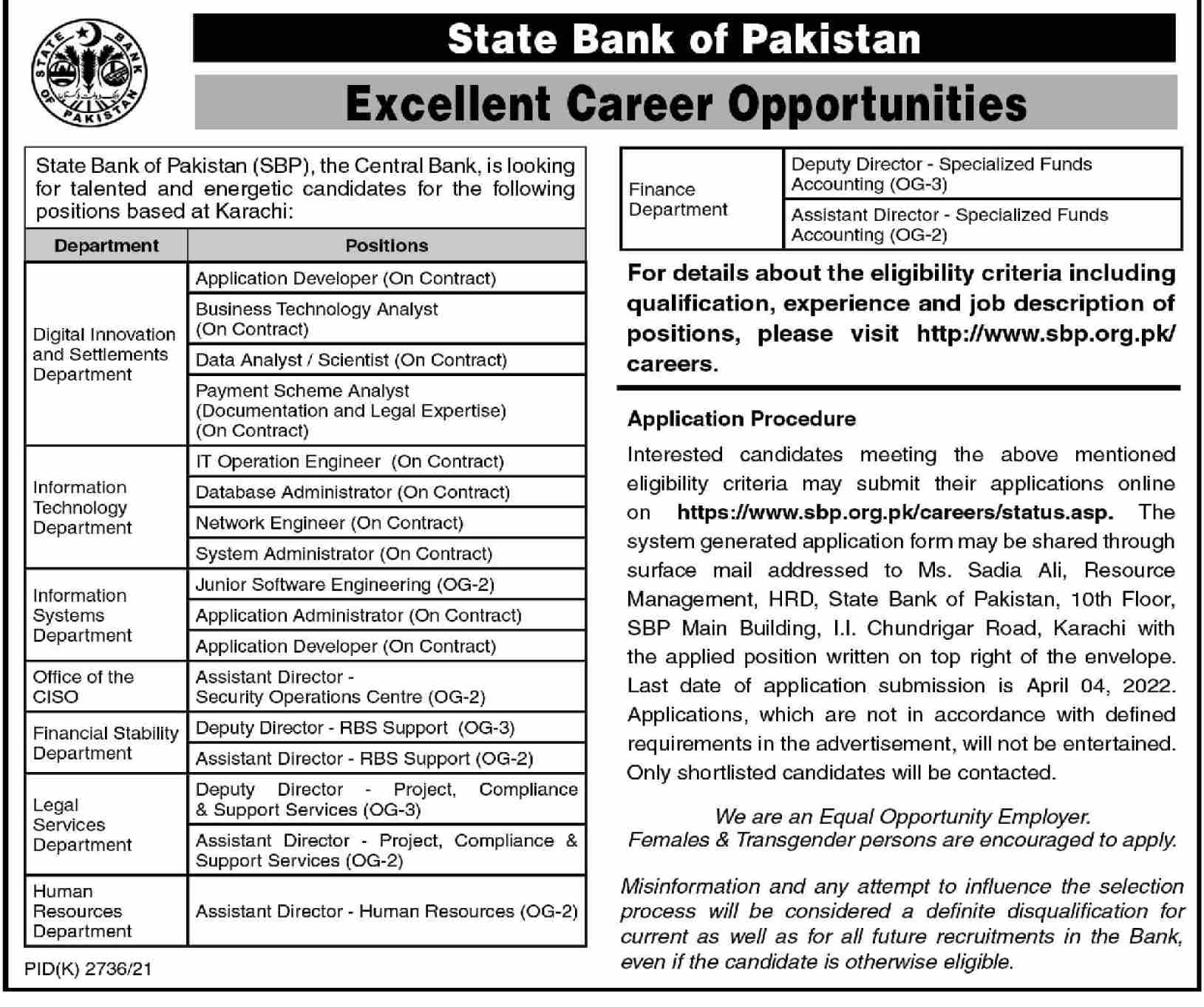 State Bank of Pakistan SBP Jobs March 2022