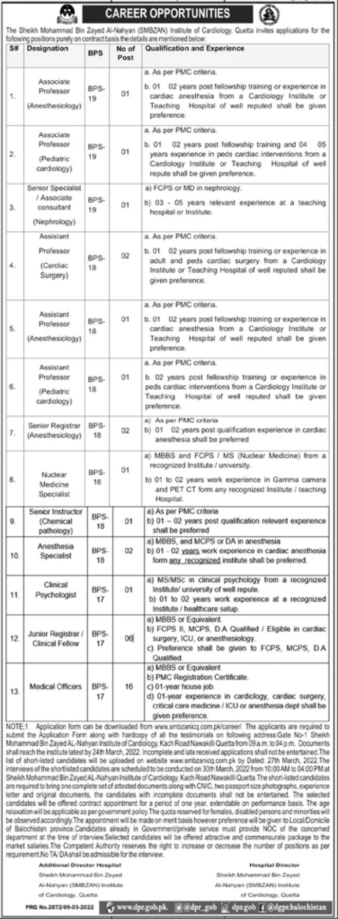 The Sheikh Mohammad Bin Zayed Al-Nahyan SMBZAN Institute of Cardiology Quetta Jobs February 2022