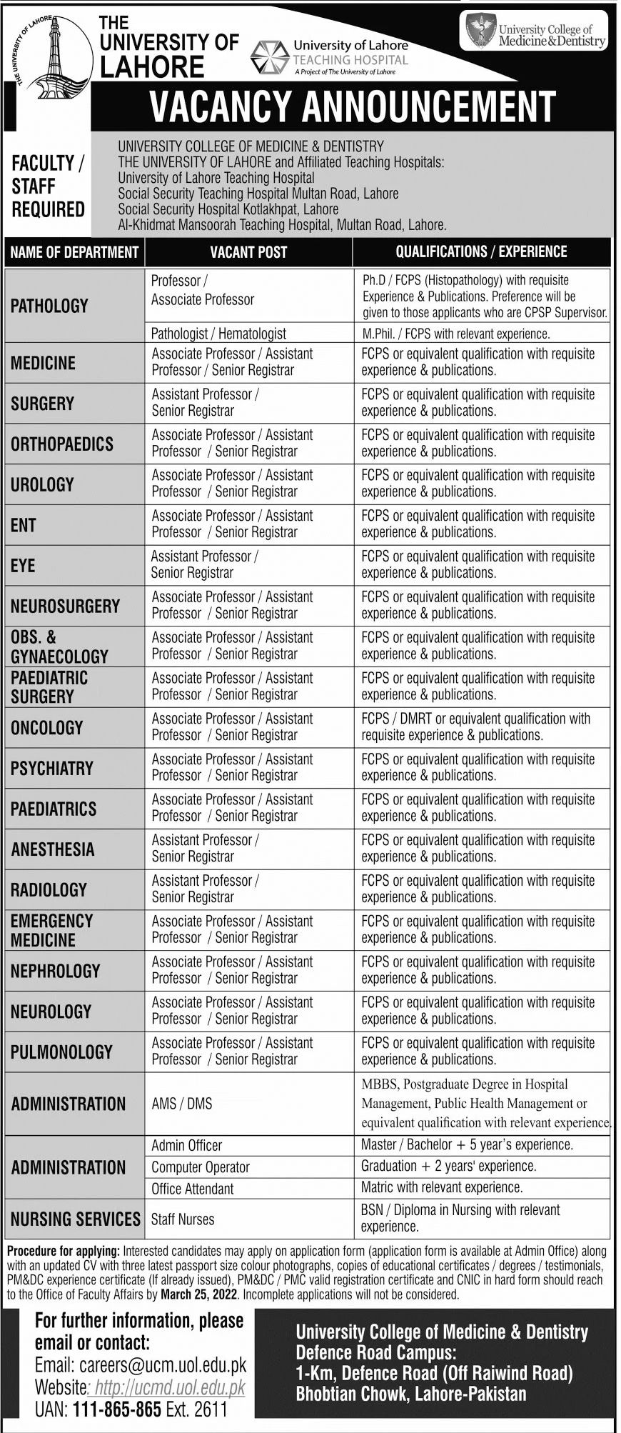 The University of Lahore Jobs March 2022