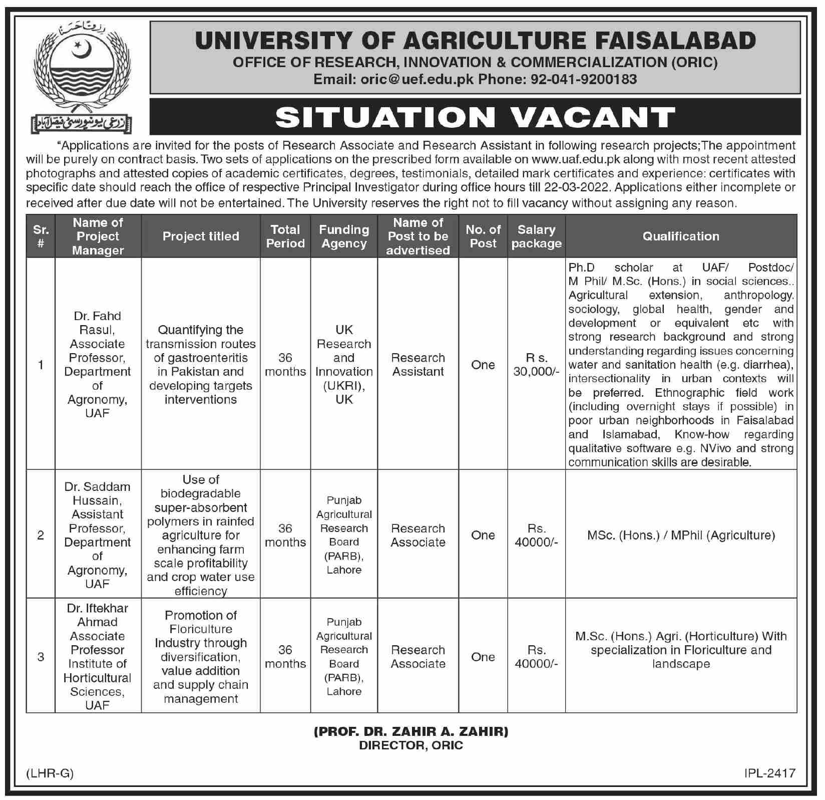 University of Agriculture Faisalabad Jobs March 2022