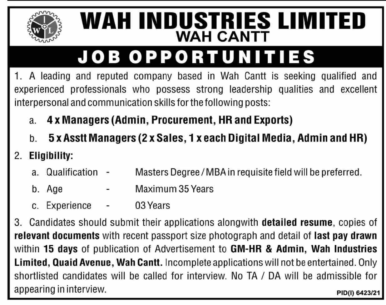 Wah Industries Limited WIL Jobs March 2022