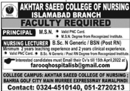Akhtar Saeed College of Nursing Islamabad Jobs April 2022