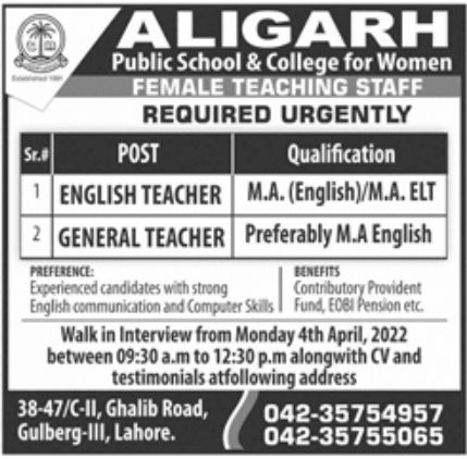 Aligarh Public School & College for Women Jobs April 2022
