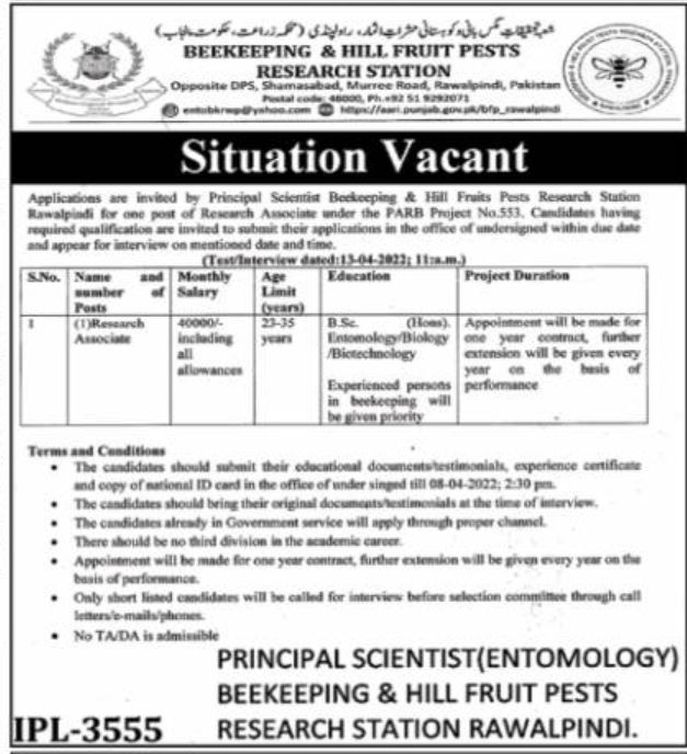 Beekeeping & Hill Fruit Pests Research station Jobs April 2022