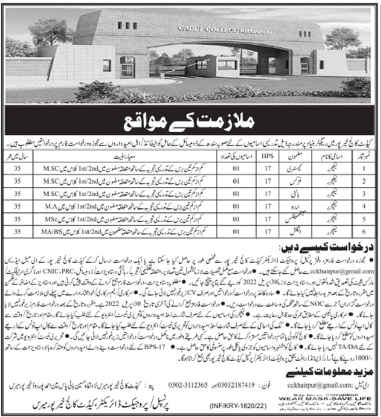 Cadet College Khairpur Jobs April 2022