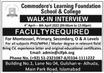 Commodore's Learning Foundation School & College Jobs April 2022