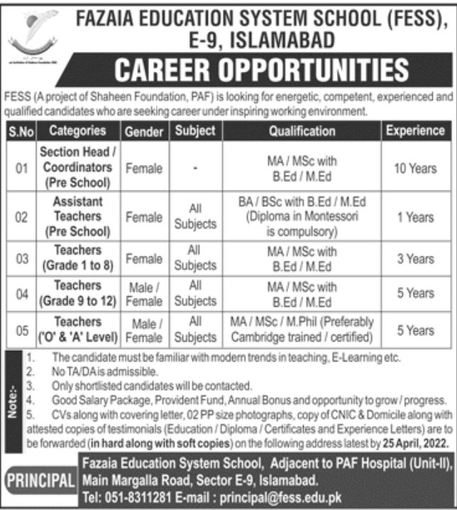 Fazaia Education System School FESS Jobs April 2022