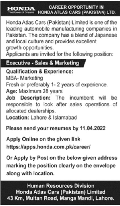 Honda Atlas Cars Pakistan Limited Jobs April 2022
