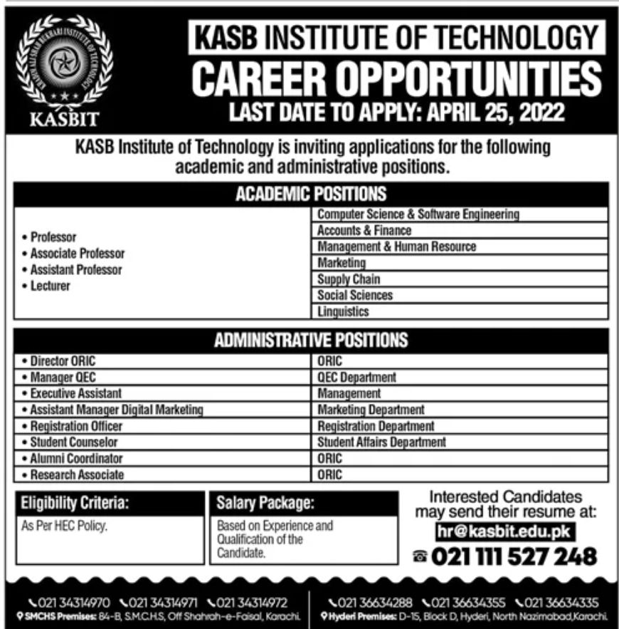 KASB Institute of Technology KASBIT Jobs April 2022