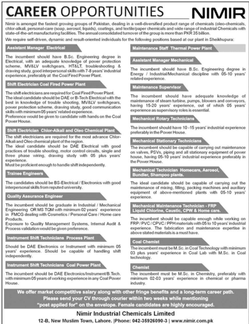 Nimir Industrial Chemicals Limited Jobs April 2022