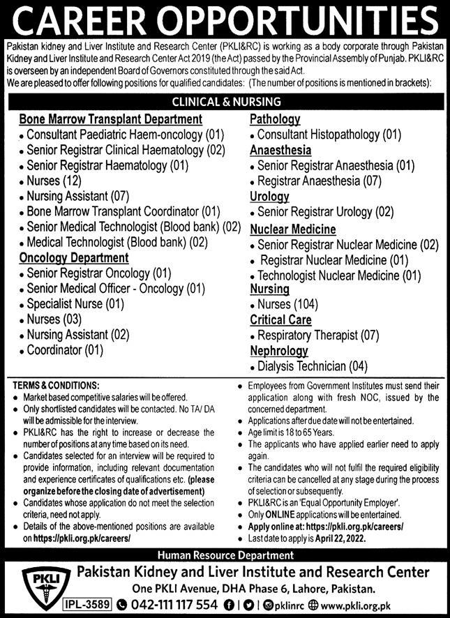 Pakistan Kidney and Liver Institute and Research Center Jobs March 2022
