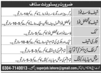 Restaurant Lahore Jobs April 2022