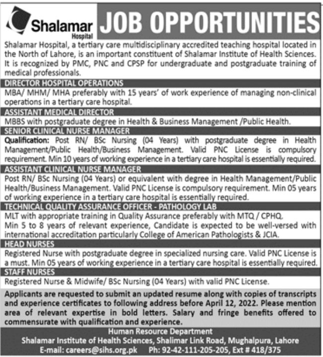 Shalamar Hospital a Tertiary Care Multidisciplinary Jobs April 2022