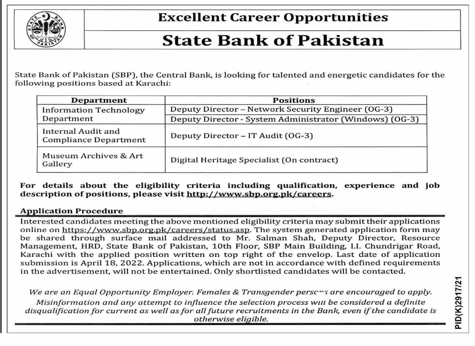 State Bank of Pakistan SBP Jobs April 2022