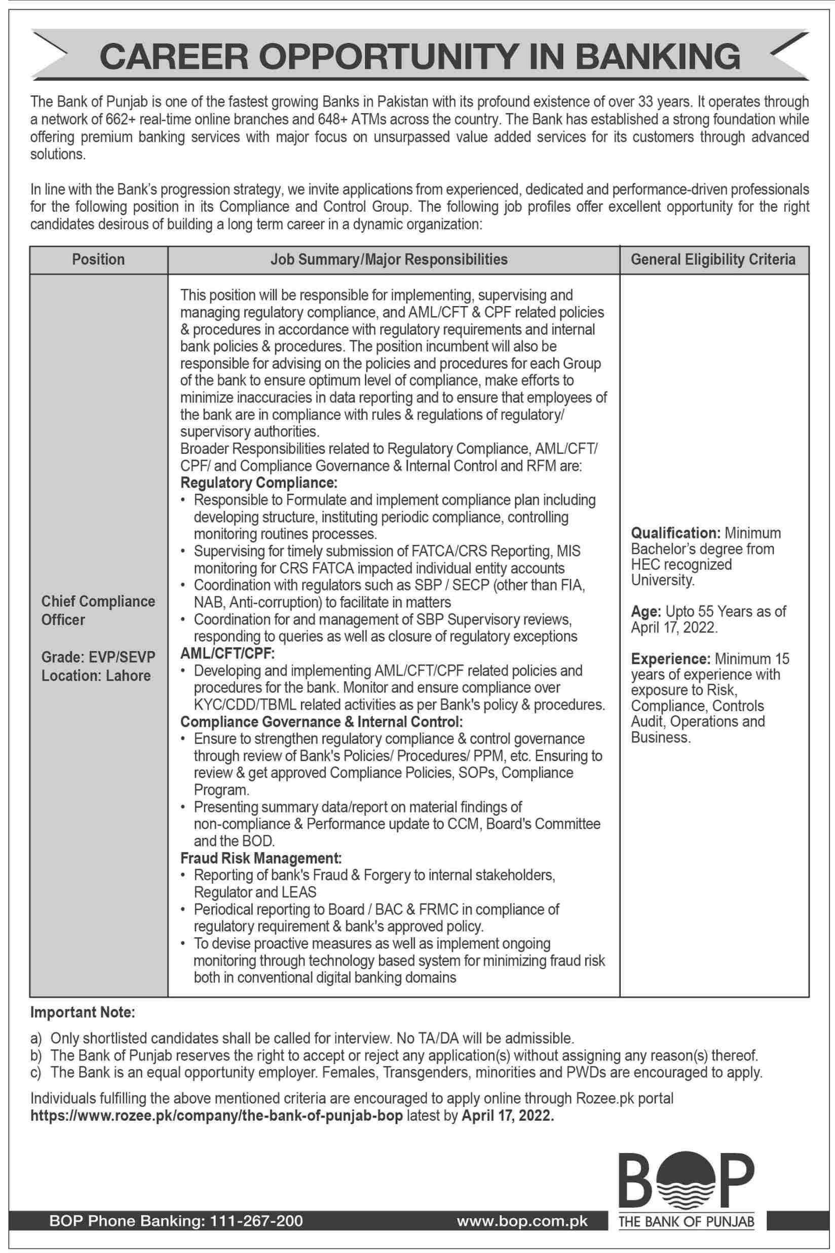 The Bank of Punjab BOP Jobs April 2022