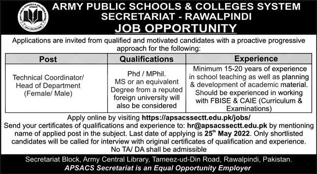Army Public Schools & Colleges System Jobs May 2022
