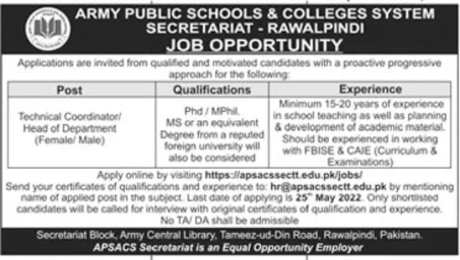 Army Public Schools & Colleges System Jobs May 2022