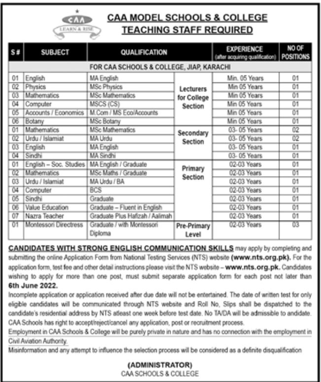 CAA Model Schools & College Jobs May 2022
