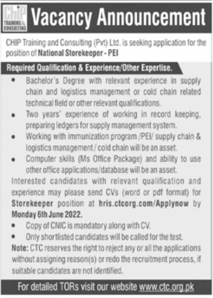 CHIP Training and Consulting Pvt Ltd Jobs May 2022