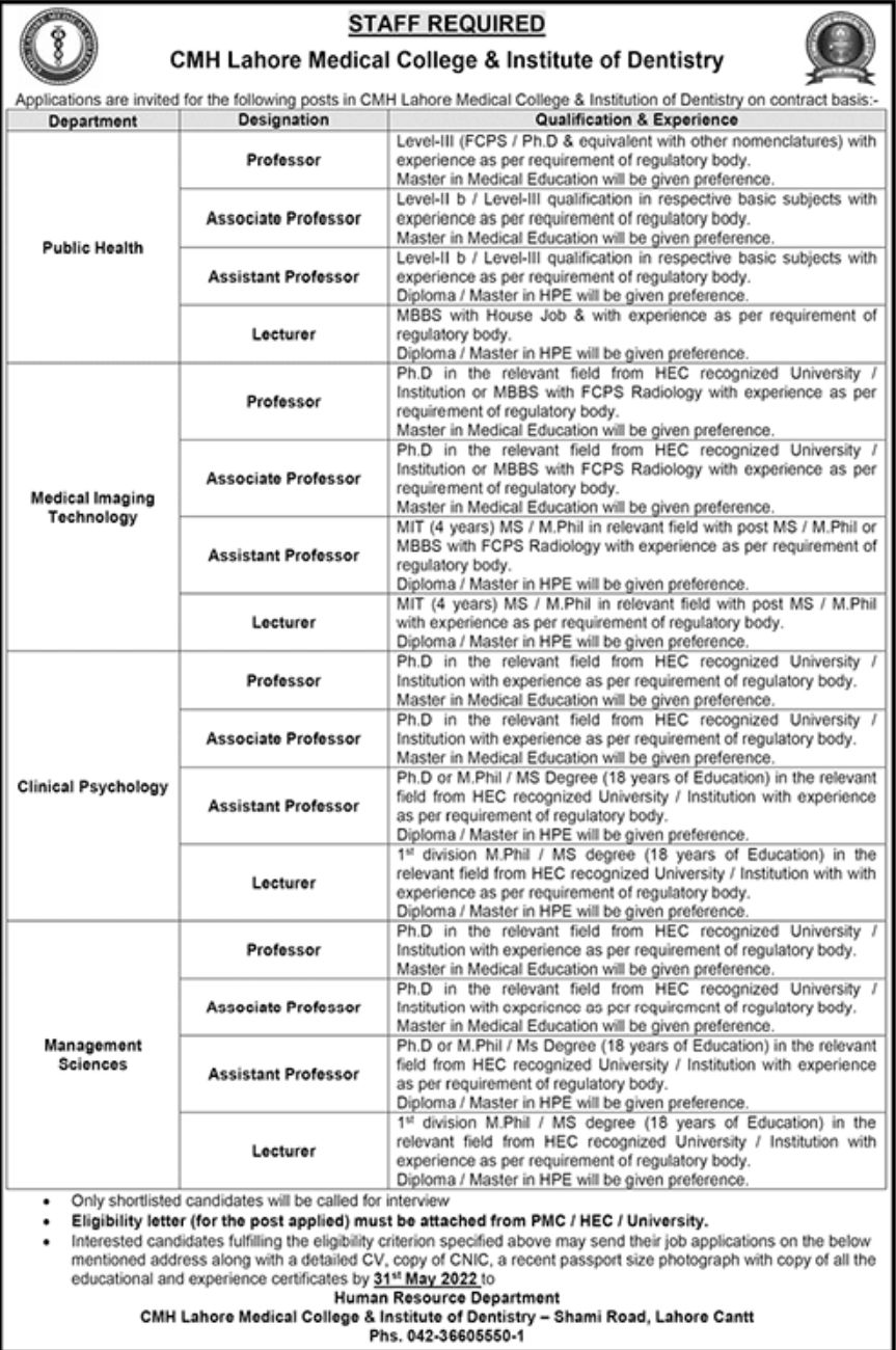CMH Lahore Medical College & Institute of Dentistry Jobs May 2022