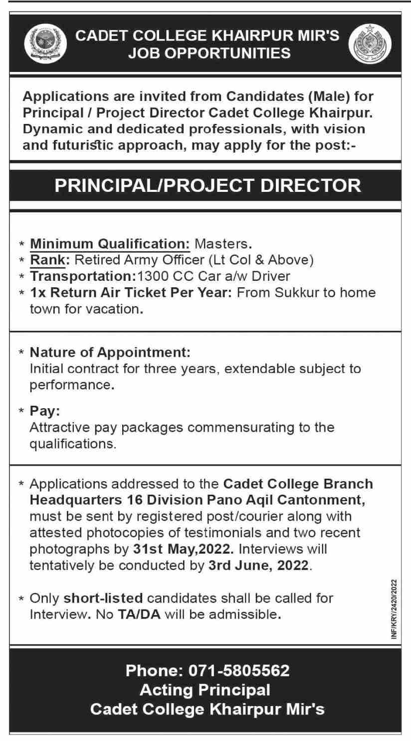 Cadet College Khairpur Jobs May 2022