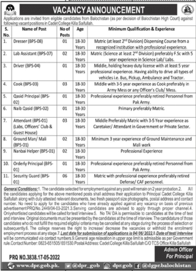 Cadet College Kila Saifullah Jobs May 2022
