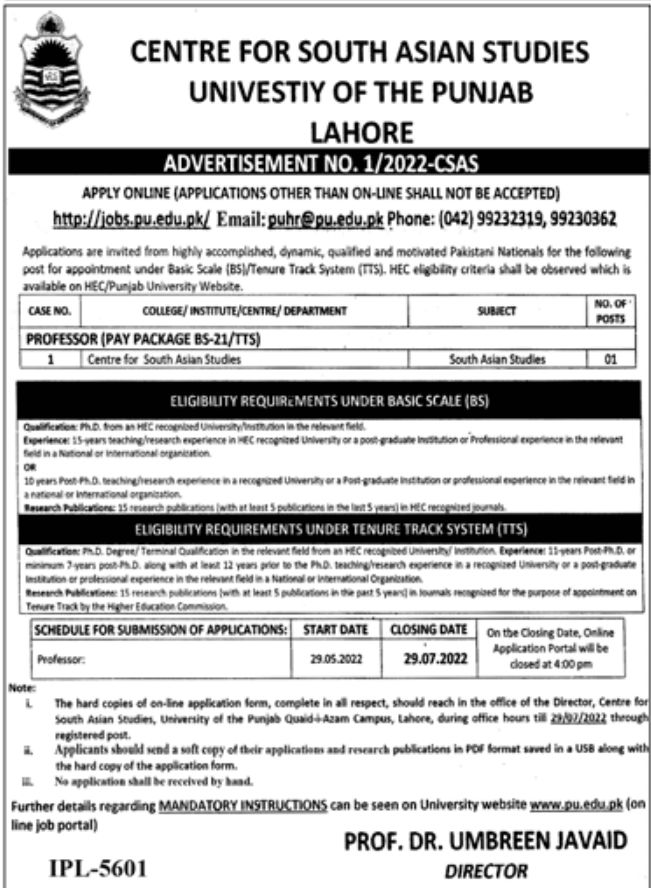 Centre for South Asian Studies University of the Punjab Lahore Jobs May 2022