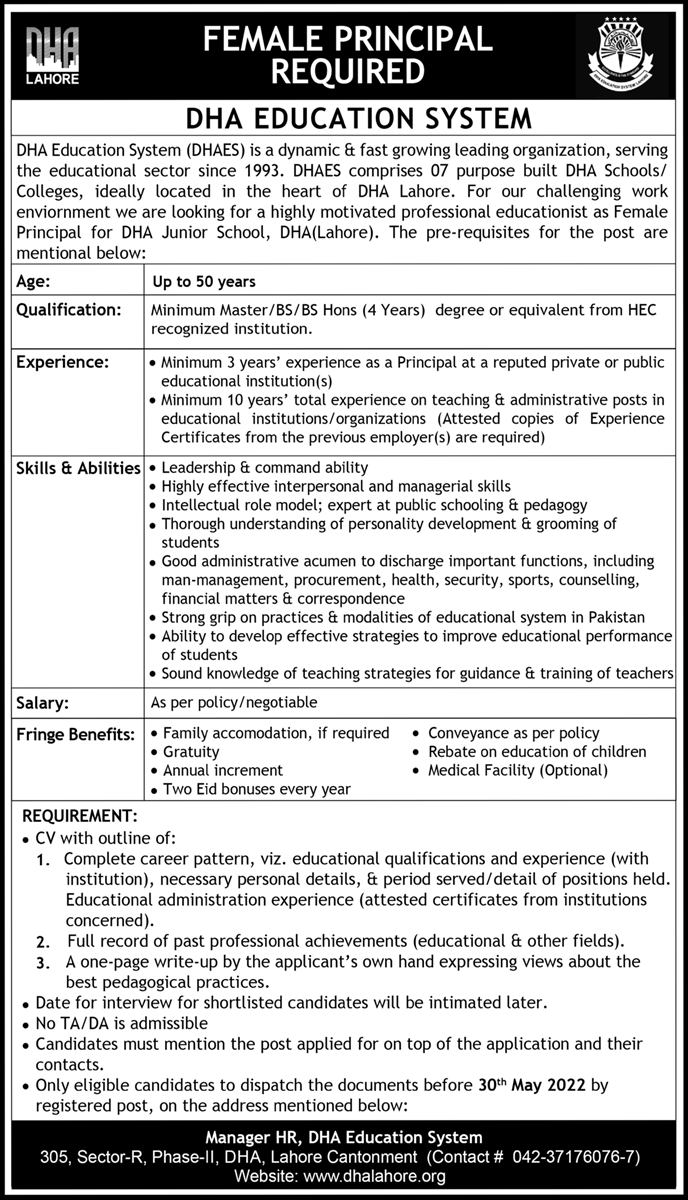 DHA Education System DHAES Jobs May 2022
