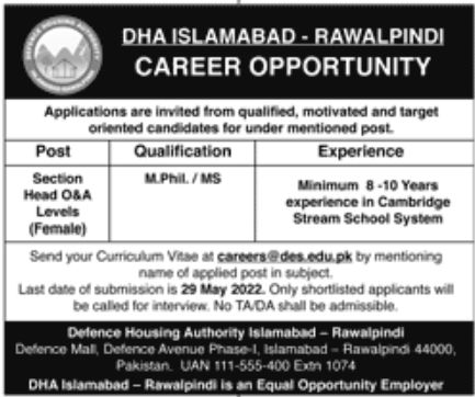 DHA Islamabad Jobs May 2022