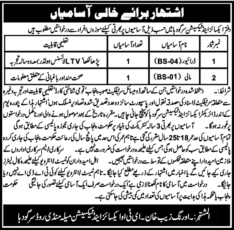 Excise & Taxation Sargodha Jobs May 2022
