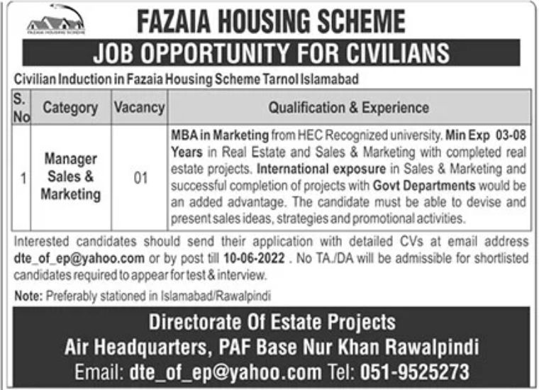 Fazaia Housing Scheme Jobs May 2022