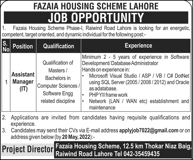 Fazaia Housing Scheme Lahore Jobs May 2022
