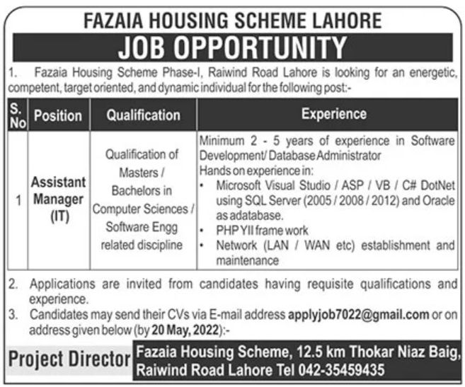 Fazaia Housing Scheme Lahore Jobs May 2022