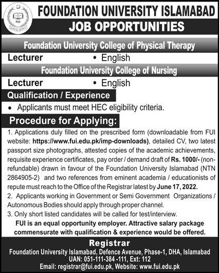 Foundation University Islamabad Jobs May 2022