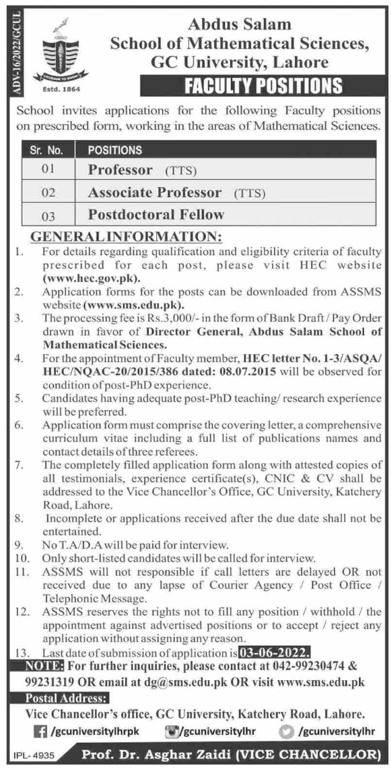 GC University Lahore Jobs May 2022