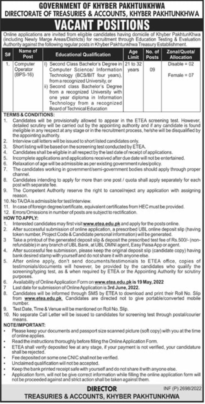 Government of Khyber Pakhtunkhwa Directorate of Treasuries & Accounts KPK Jobs May 2022