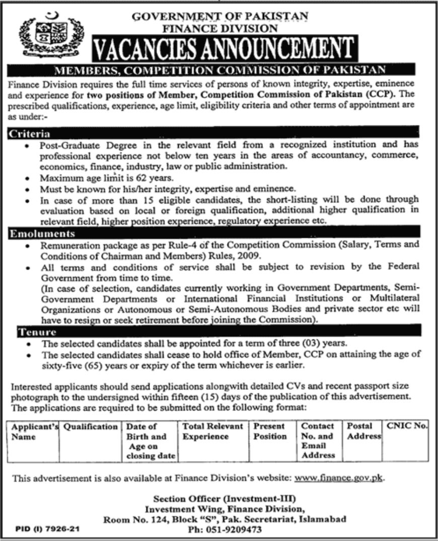 Government of Pakistan Finance Division Jobs May 2022