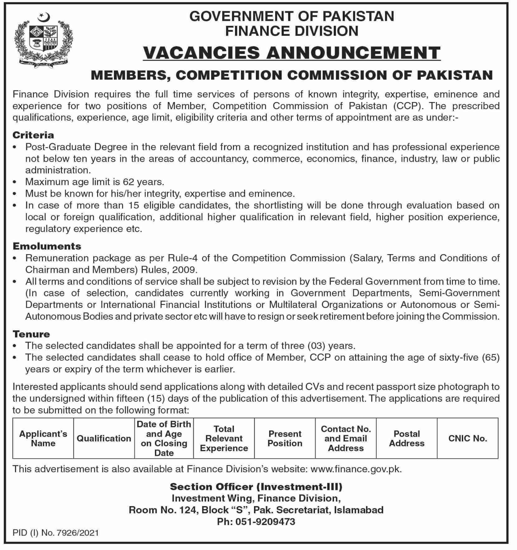 Government of Pakistan Finance Division Jobs May 2022