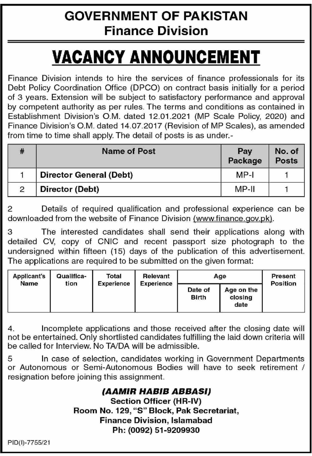 Government of Pakistan Finance Division Jobs May 2022
