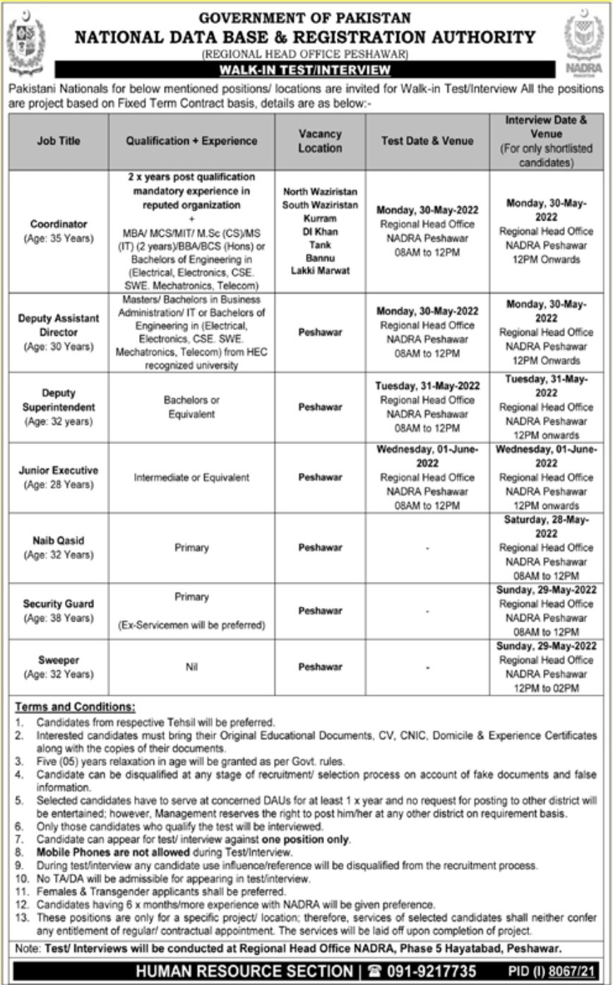 Government of Pakistan National Database & Registration Authority NADRA Jobs May 2022