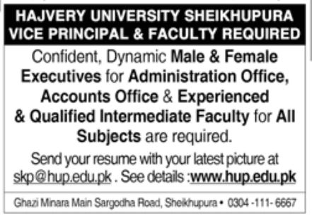 Hajvery University Sheikhupura Jobs May 2022