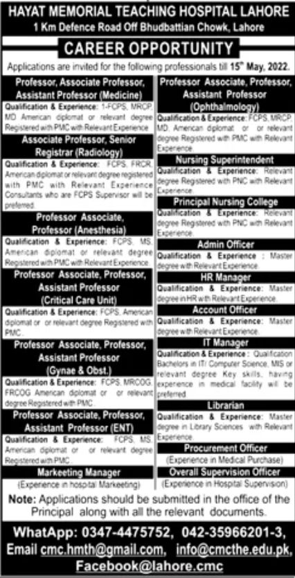 Hayat Memorial Teaching Hospital Lahore Jobs May 2022