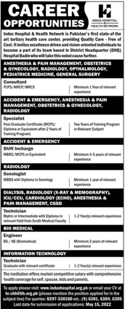 Indus Hospital Jobs May 2022