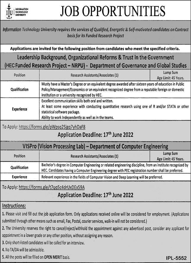 Information Technology University ITU Jobs May 2022