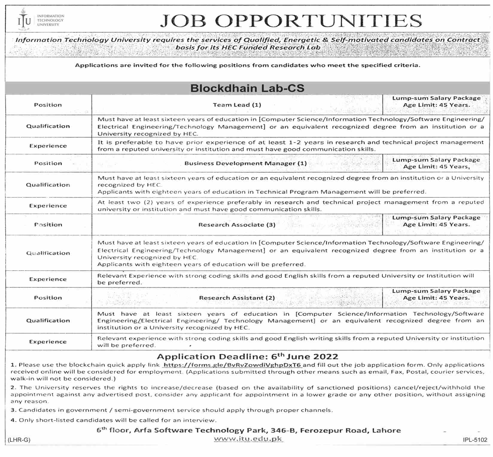 Information Technology University ITU Jobs May 2022