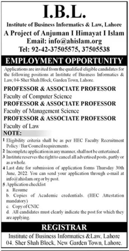 Institute of Business informatics & Law Lahore IBL Jobs May 2022