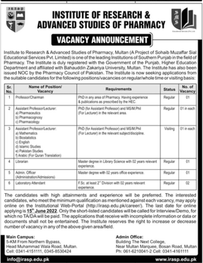Institute of Research & Advanced Studies of Pharmacy Jobs May 2022