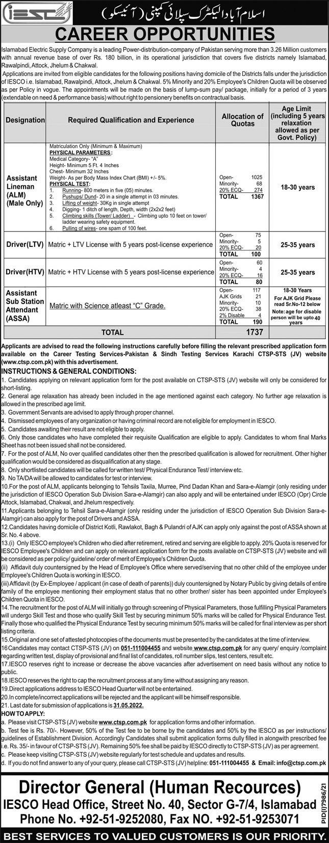 Islamabad Electric Supply company IESCO Jobs May 2022