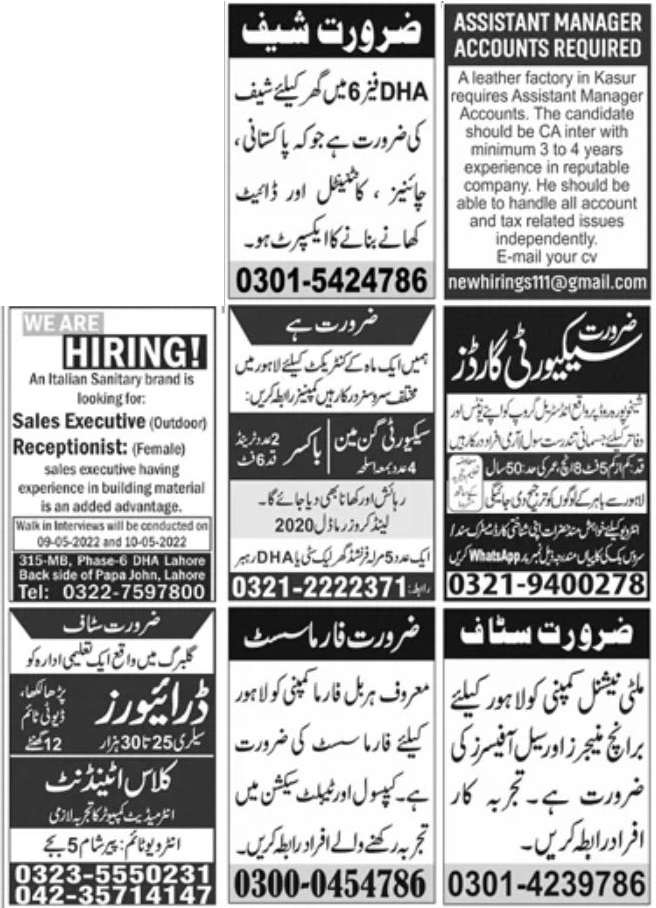 Jang Newspaper Jobs 09 May 2022