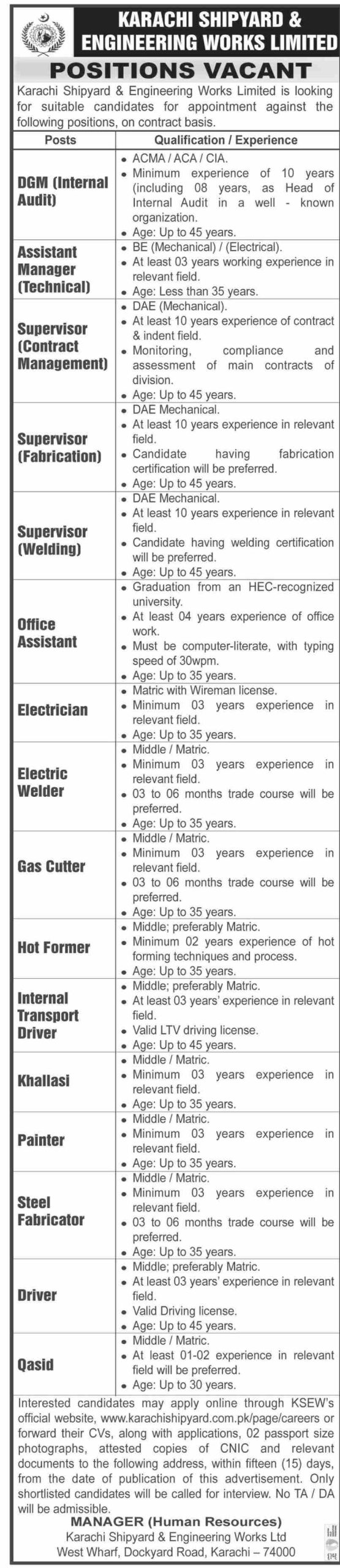 Karachi Shipyard & Engineering Works Limited Jobs May 2022